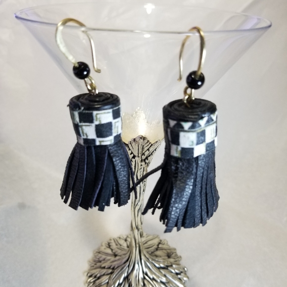 Leather and Copper Afro Boho Chic Black Tassel Earrings. 2.75" - Picture 3 of 8